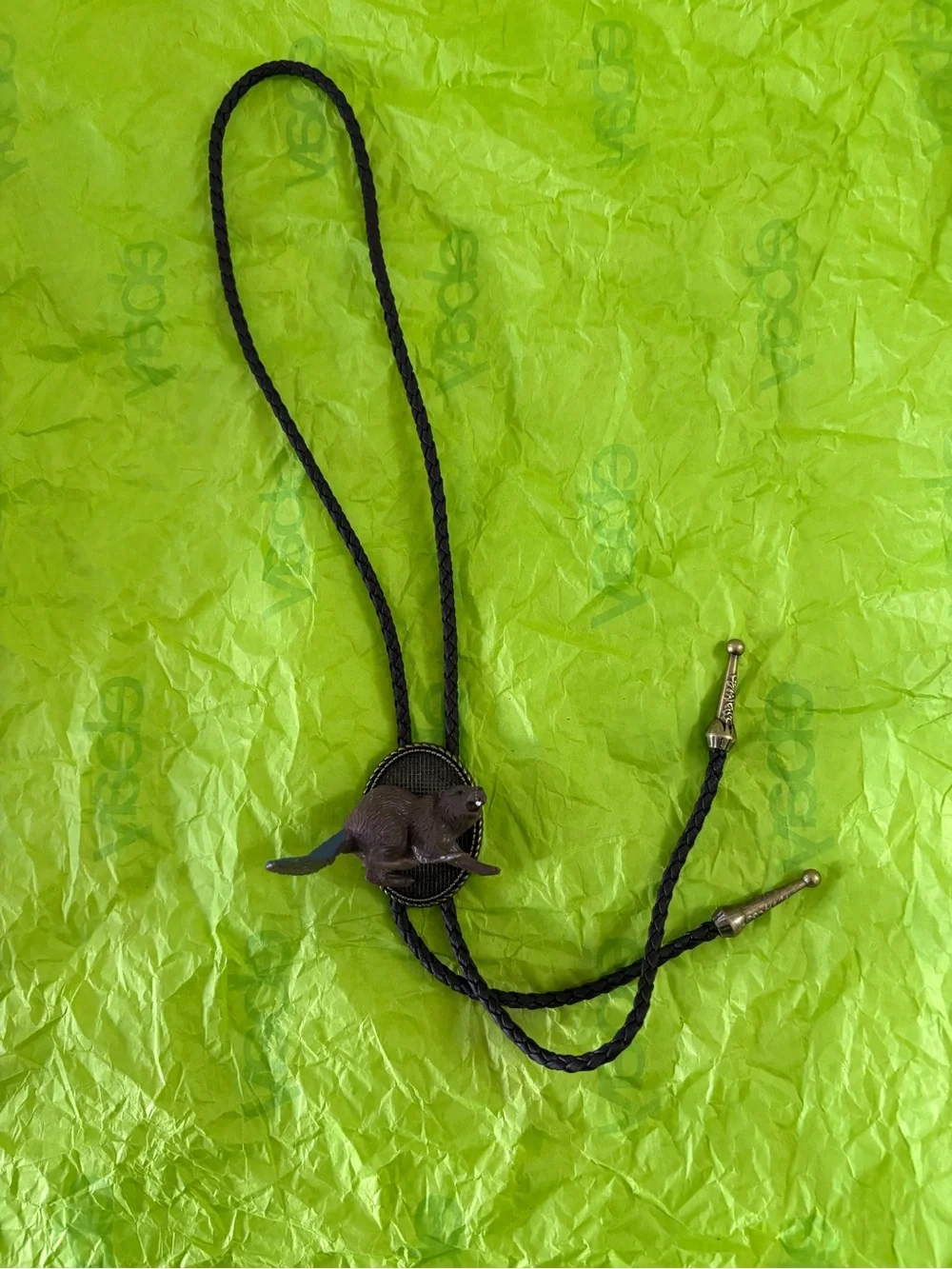 Novelty Beaver Bolo Tie in Brown and Teal